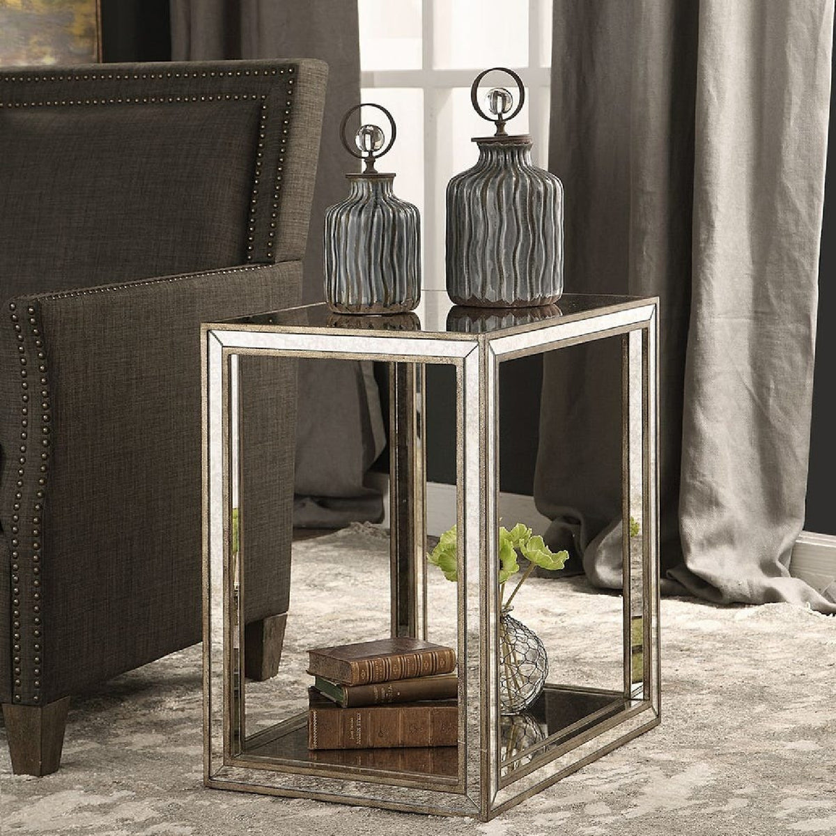 Modern European furniture - Mottled Antique Mirror End Table - www.oroa.com