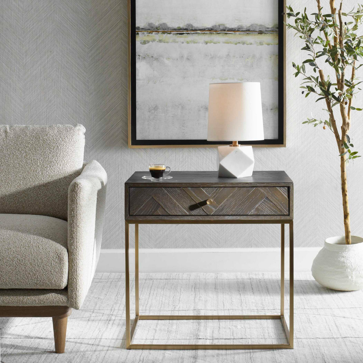 Modern European furniture - Oak Herringbone 1-Drawer Side Table - www.oroa.com
