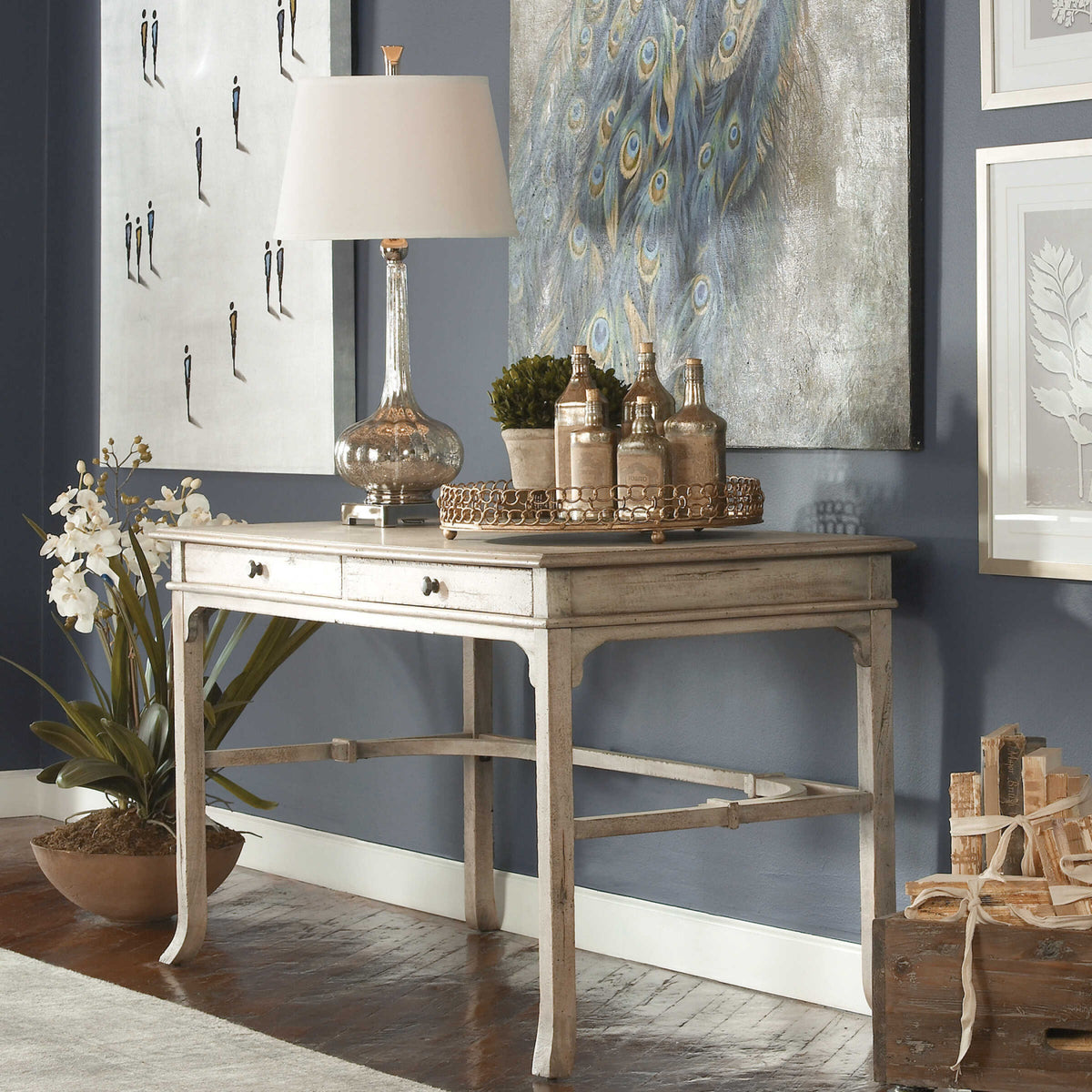 Modern European furniture - Aged White 2-Drawer Writing Desk - www.oroa.com
