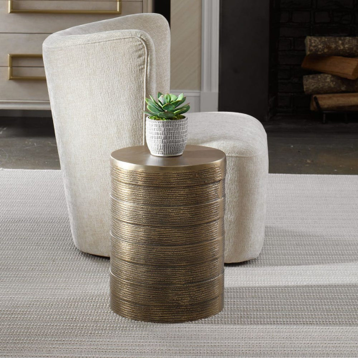 Modern European furniture - Cylindrical Antique Brass Side Table - www.oroa.com