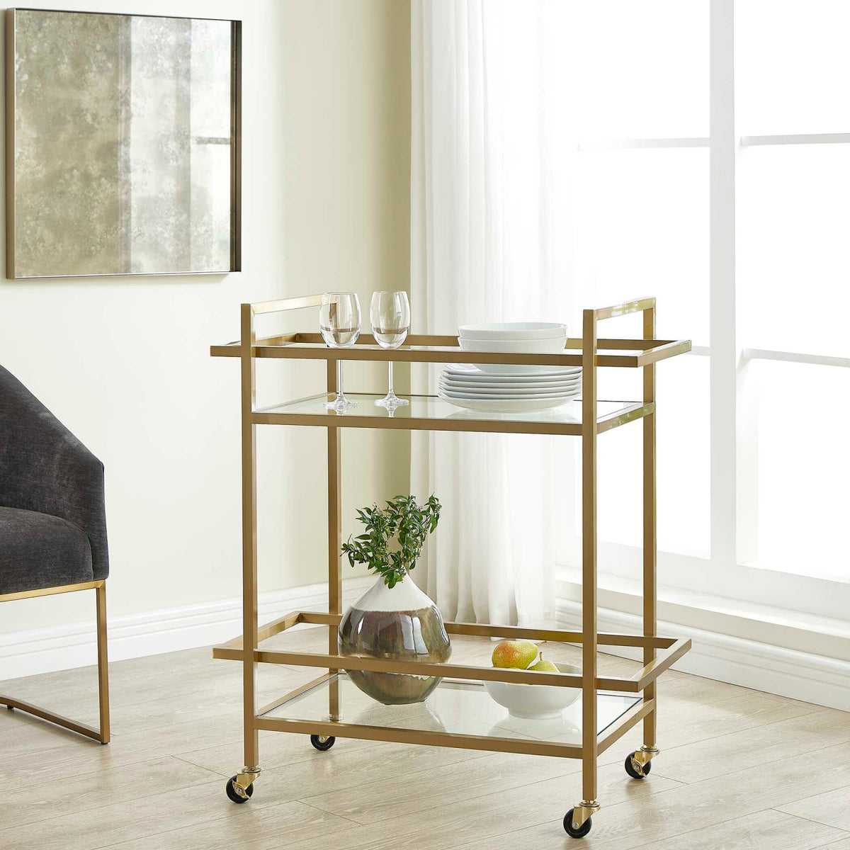 Modern European furniture - Brass Framed Glass Bar Cart - www.oroa.com