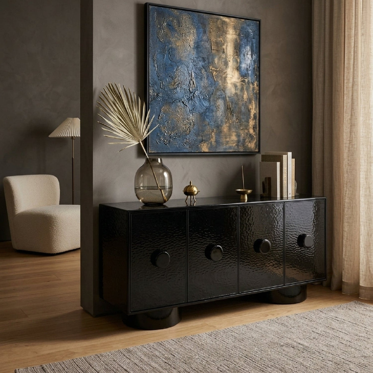 Black Wave Glass 4-Door Sideboard | OROA Modern Calexico