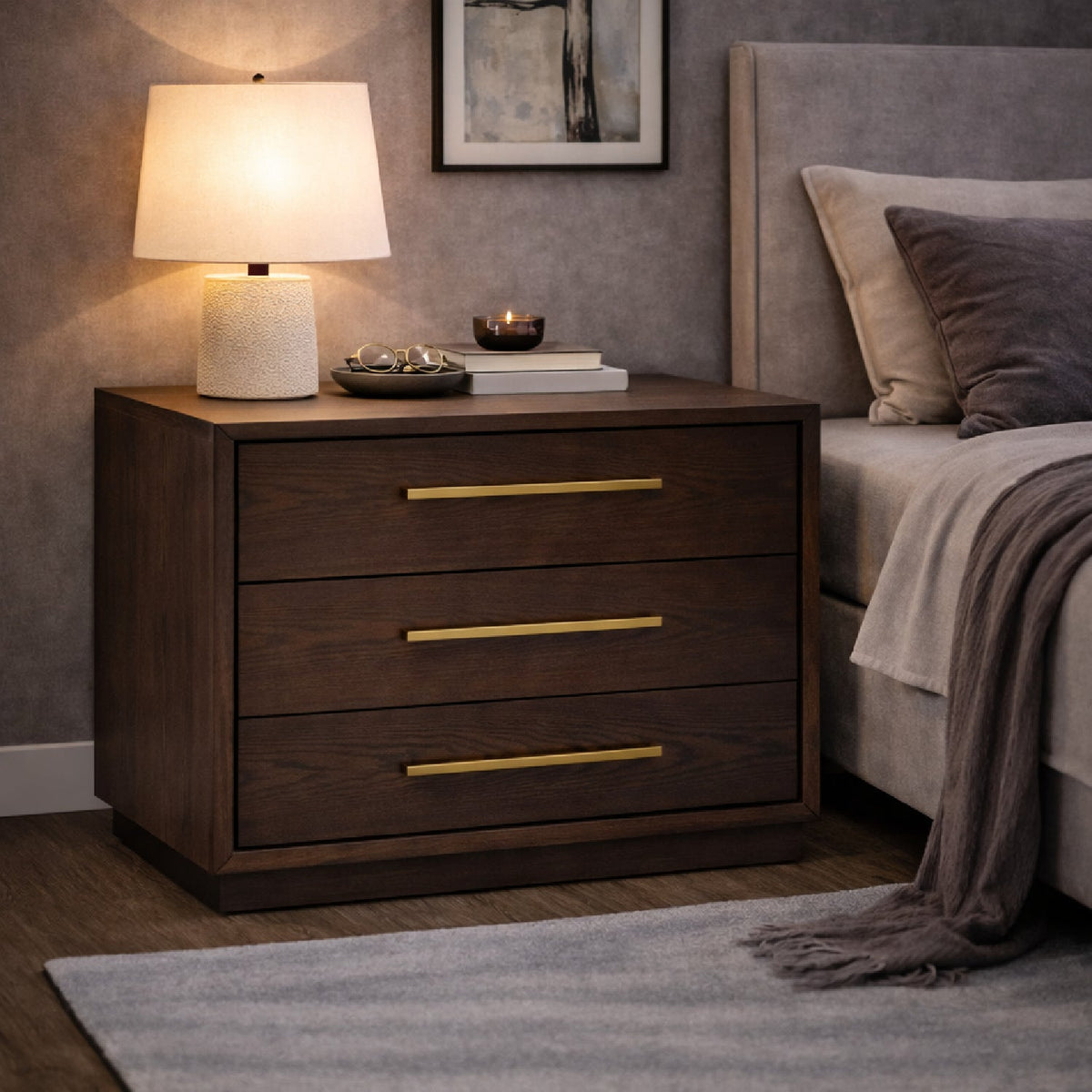 Brown Oak 3-Drawer Nightstand | OROA Modern Manhattan