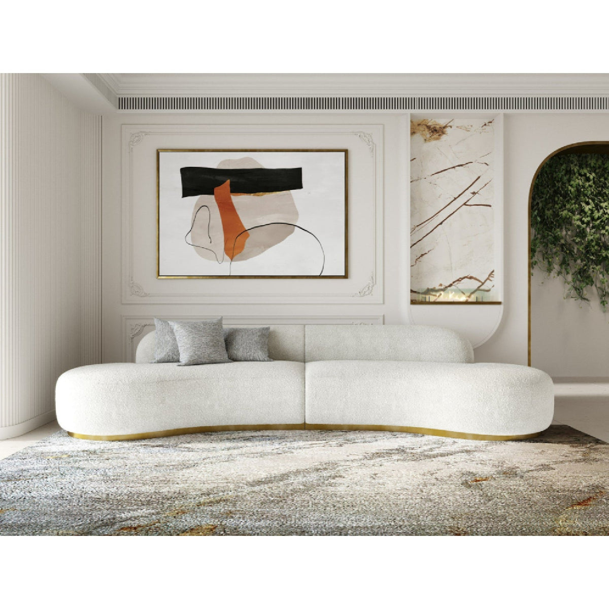 White Curved Sofa with Beige Pillows | OROA Modern Frontier