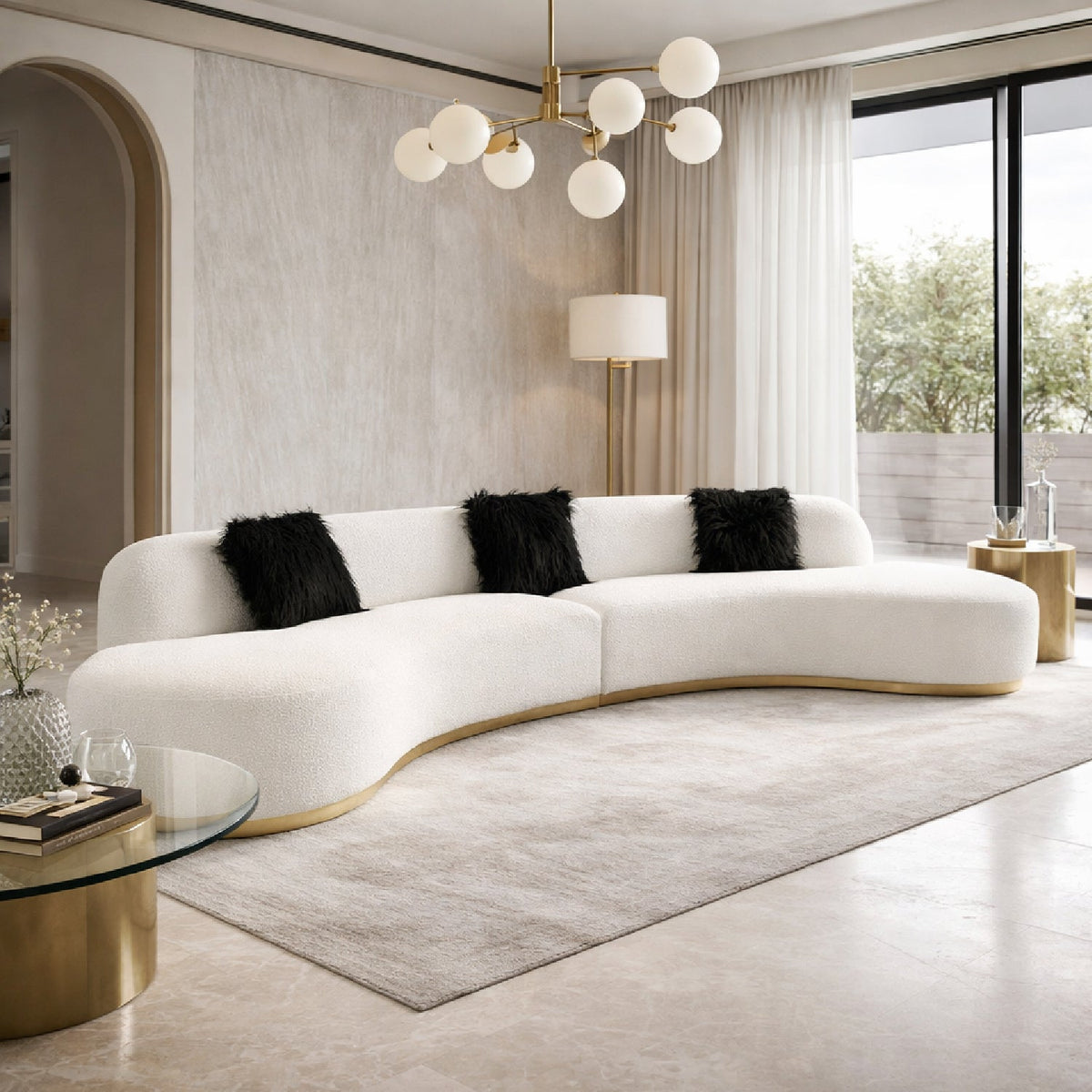 White Curved Sofa with Black Pillows | OROA Modern Frontier
