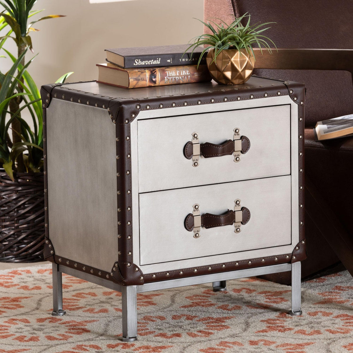 Modern European furniture - 2 Drawer Silver Vintage End Table - www.oroa.com