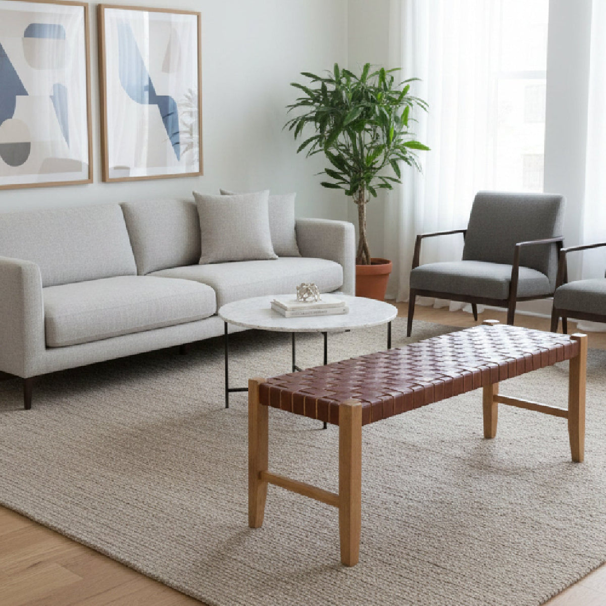 Brown Woven Leather Bench | OROA Modern Bandani